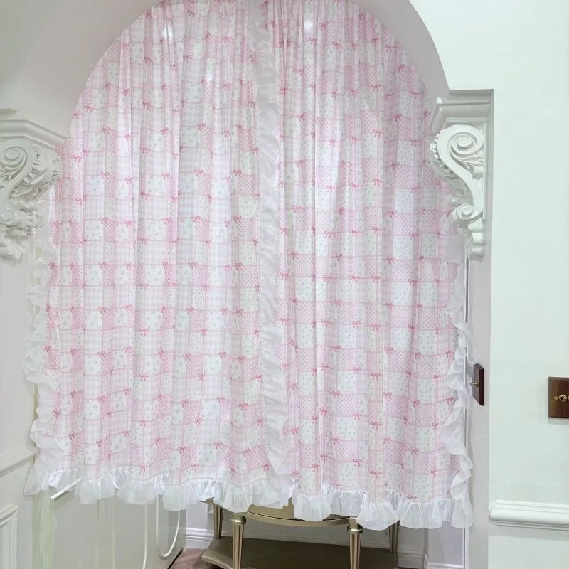 Cute Pink Bow Short Curtain, Small Decorative Dormitory & Bed Curtain, Jacquard Fabric Panel for Cabinet, Door, Window & Room Decor