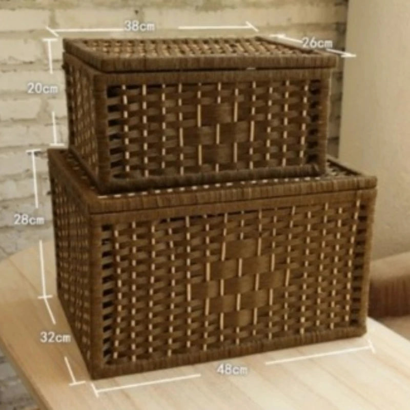 Handmade Woven Rattan Storage Basket with Lid Multipurpose Desktop Organizer Box Rectangular Bamboo Bin for Office Decor