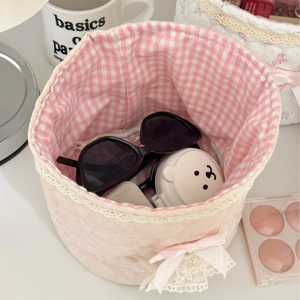 Cute Quilted Fabric Storage Basket – Foldable Round Desktop Organizer | Boho Home Decor