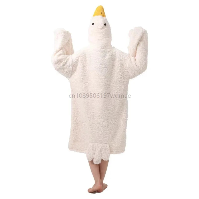 Cartoon Goose Cosplay Costume Thicken Coral Fleece Hooded Robe Pajama Funny Cos Couple Cute Sleepwear Home Nightgown