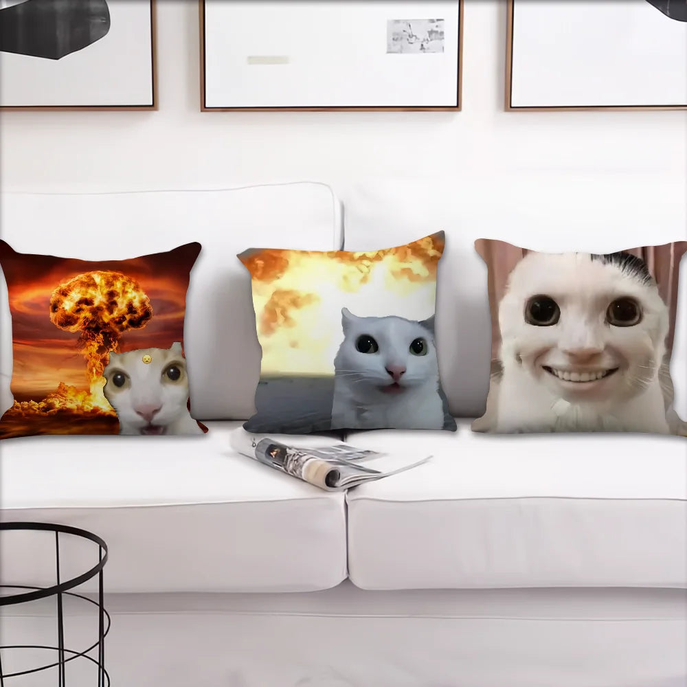 Funny Cat Meme Cushion Cover, Double-Sided Printed 100% Polyester Pillowcase, Cute Square Decorative Throw Pillow Cover for Sofa, Living Room, Office, Car & Home Decor