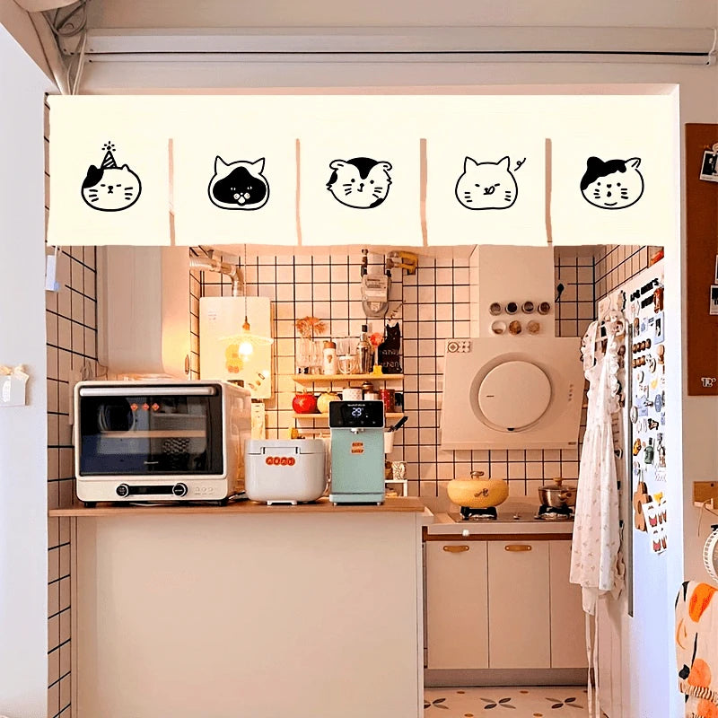 Japanese Cute Cat Door Curtain, Cartoon Hanging Curtain for Bedroom & Kitchen, 1-Panel Polyester Room Divider with Blackout Design for Home, Office & Cafe Decor