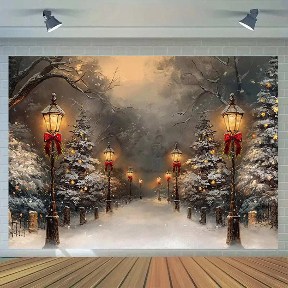 Winter Christmas Scene Backdrop Cloth, Snowy Path & Streetlight Holiday Background, Festive Winter Wonderland Party Backdrop for Christmas, Wedding, Birthday & Events