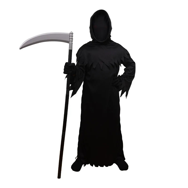 Halloween Grim Reaper Horror Costume Black Hooded Cloak Style Eerie Ghost Robe Costume Red Eye Flashing Role-Playing Set