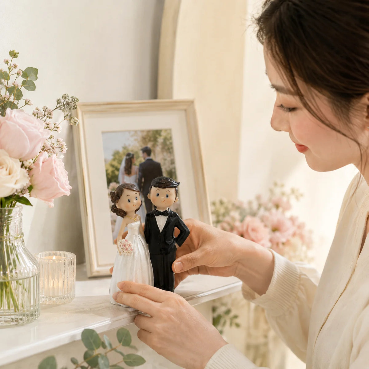 Cute Bride & Groom Wedding Cake Topper – Mini Couple Figurine Statue for Wedding Cake & Bridal Shower Decor, 1PC