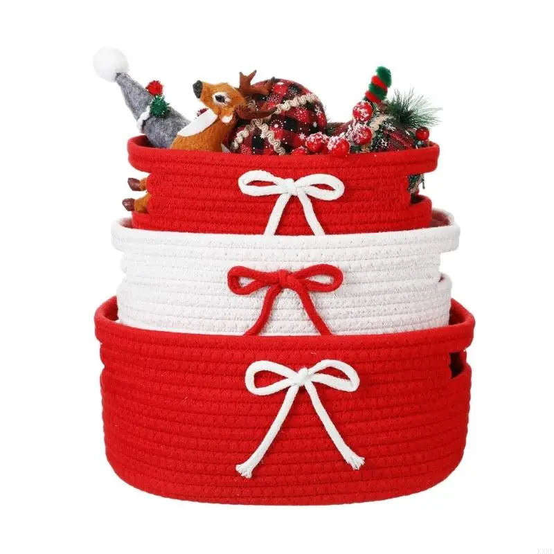 Set Of 3 Hand Handwoven Cotton Bowknot Decorated Storage Baskets Nesting Organizers For Home Bedroom Kids Room KXRE