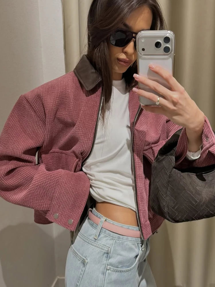 Women’s Pink Loose Fit Casual Jacket – Spring Streetwear Outerwear