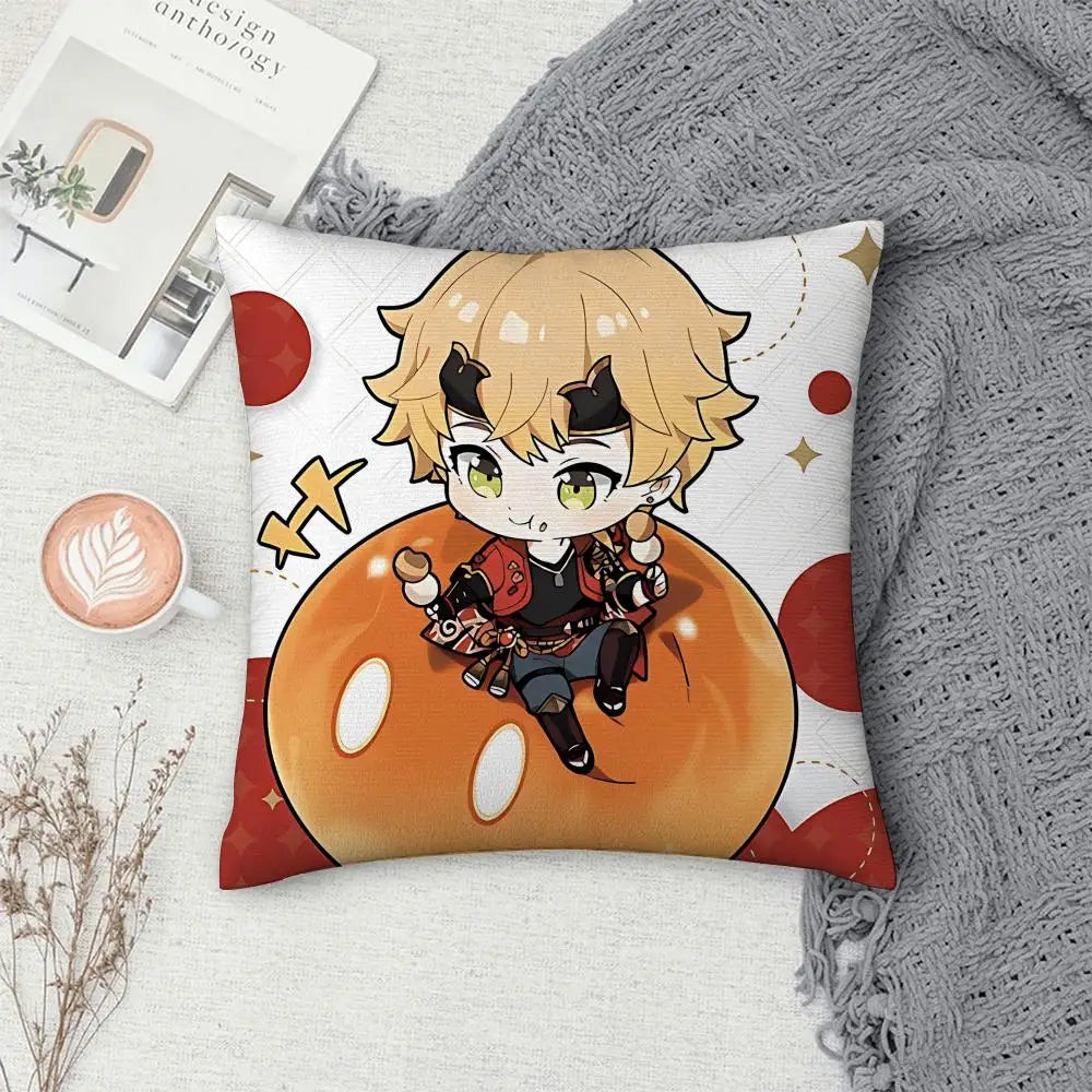 Thoma Genshin Impact Cushion Cover 40×40cm, Cute Anime Game Pillowcase with Double-Sided Print & Invisible Zipper, Soft Polyester Short Plush Sofa Pillow for Bedroom & Living Room Decor