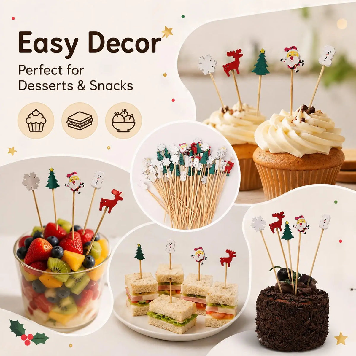 Christmas Wooden Toothpicks 100pcs/Pack, Santa Claus, Snowflake & Reindeer Cocktail Picks, Bamboo Food Picks for Cupcakes, Desserts, Drinks & Holiday Party Table Decor