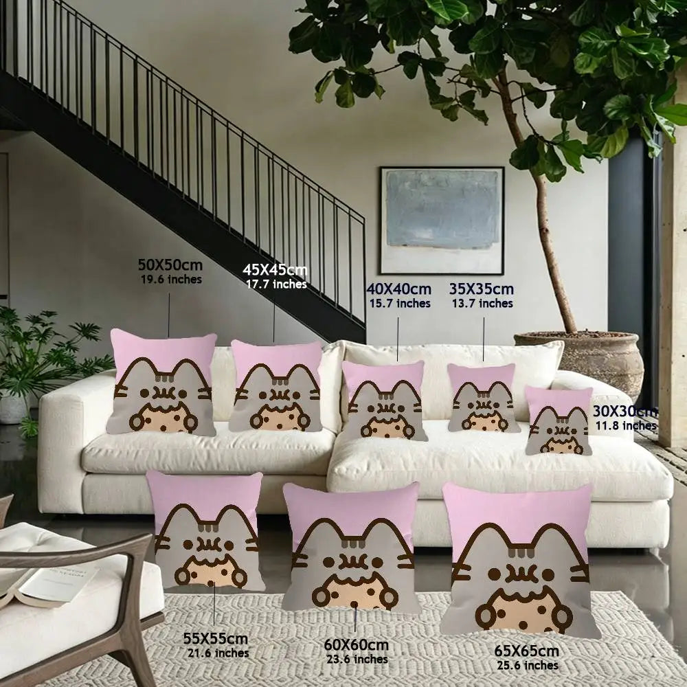 Pusheen Cartoon Cushion Cover, Cute Anime Printed Polyester Pillowcase, Decorative Throw Pillow Cover for Sofa, Bed, Bedroom, Kids’ Room & Home Decor