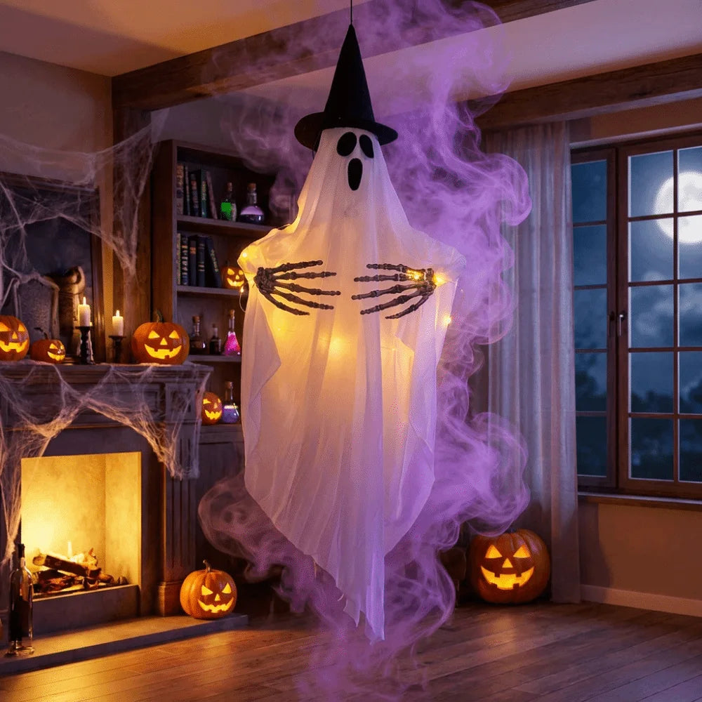 Movie Props Hanging Wizard Hat Ghost Spooky Creepy Halloween Ghost Pendant Decorative Glowing White Ghost Secret Room Scene