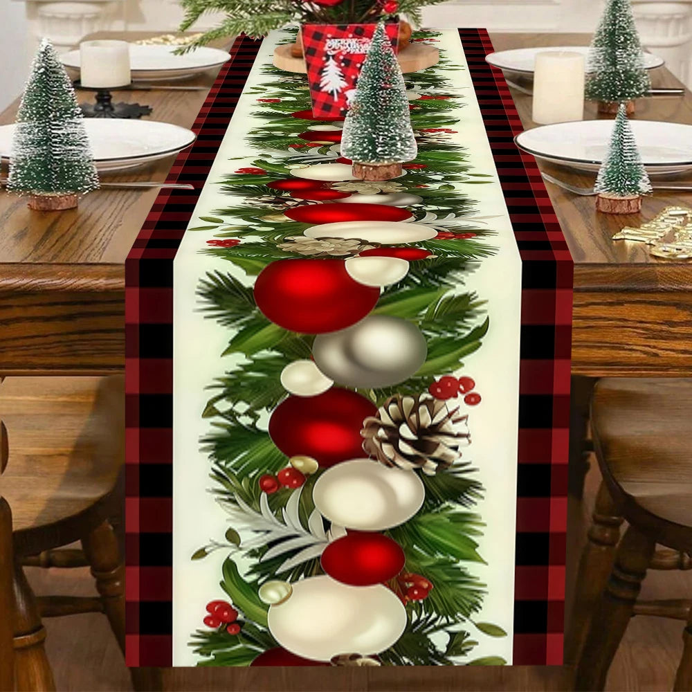 Christmas Table Runner 35×180cm, Red & Black Buffalo Plaid with Pine Cone, Berry, Pine Leaf & Christmas Ball Design, Polyester Holiday Table Decor