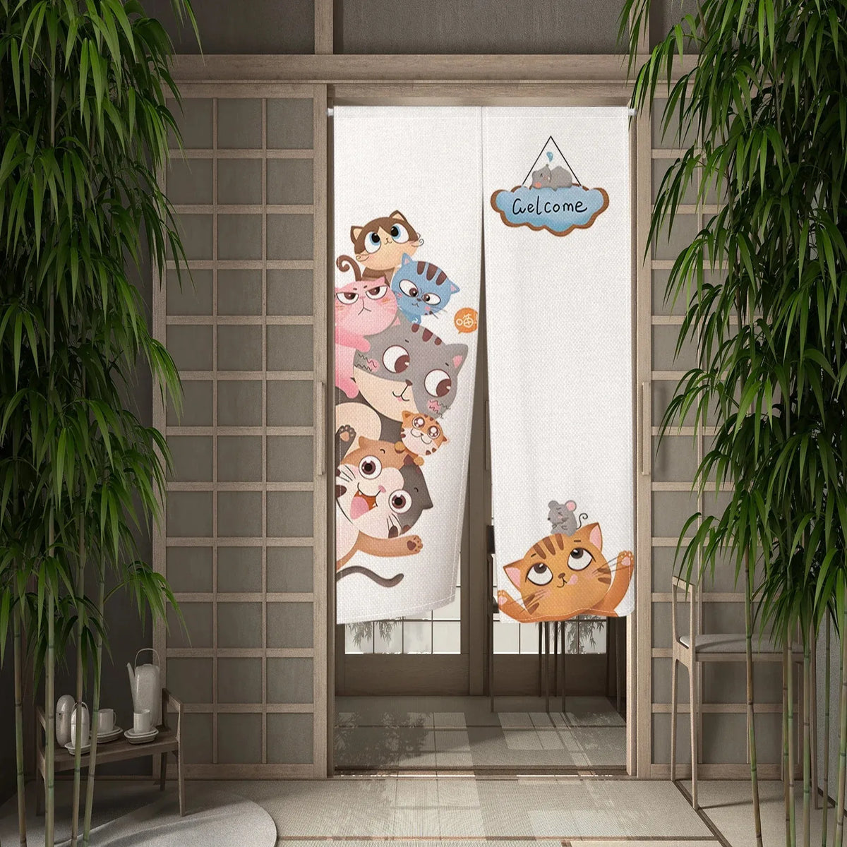 Cute Cat Door Curtain, Cartoon Printed Short Door Curtain for Kitchen & Dining Room, 1-Panel Polyester Room Divider for Home, Cafe & Office Decor