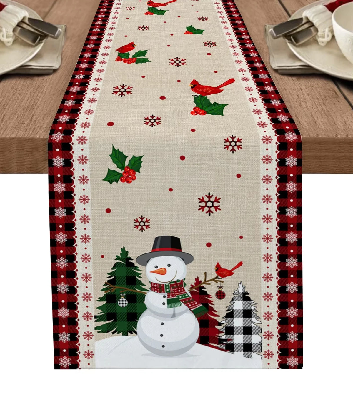 Christmas Plaid Table Runner with Snowflake & Ornament Design, Merry Christmas Holiday Table Decor, Festive Polyester Dining Table Accent for Home, Party & Winter Decor