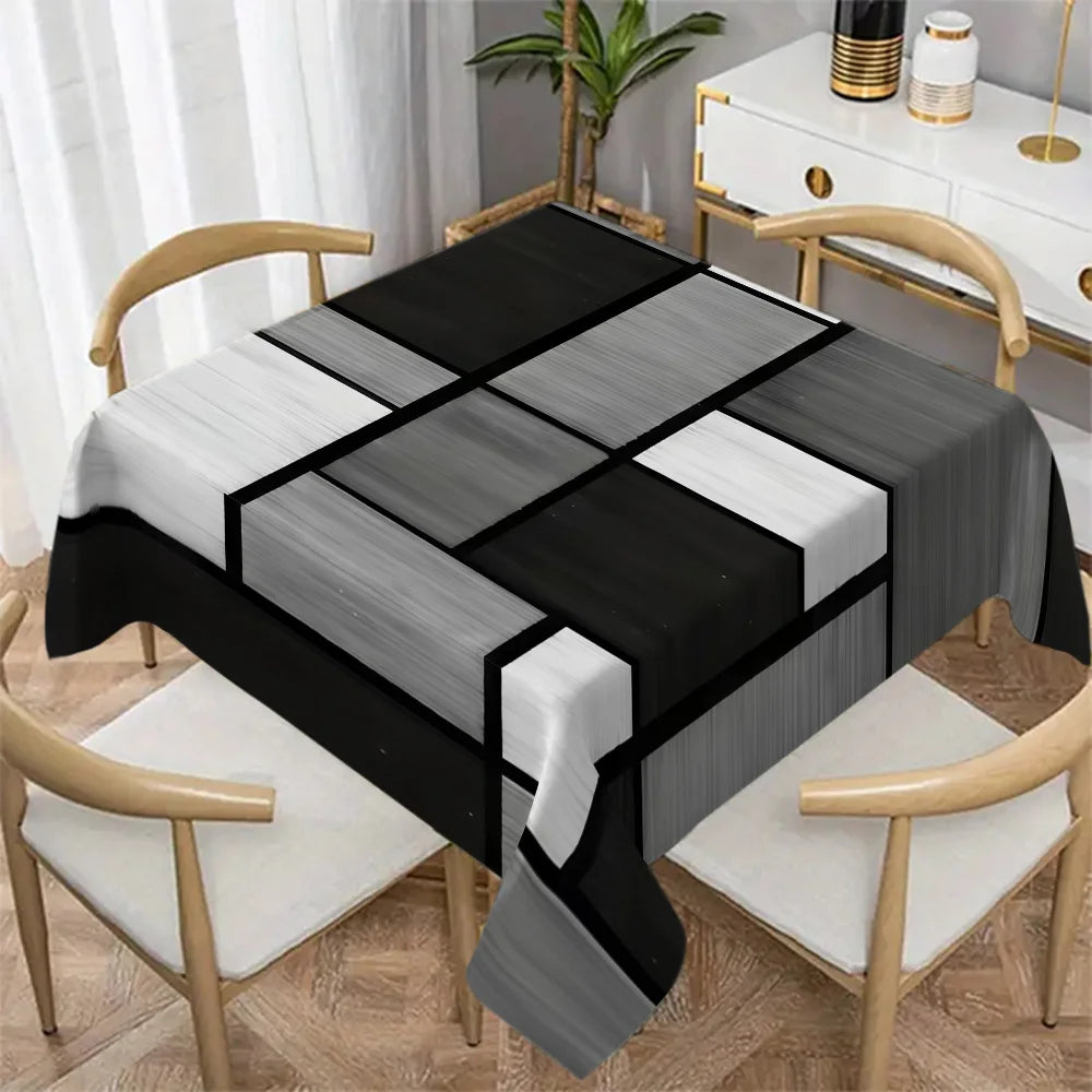 Black & White Geometric Print Tablecloth, Reusable 100% Polyester Dining Table Cover, Modern Rectangular & Square Table Linen for Wedding, Party, Christmas & Home Decor