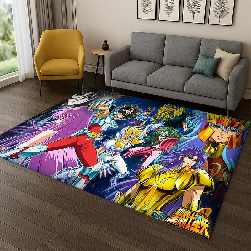 Saint Seiya Anime Rug, Retro Cartoon Polyester Flannel Carpet with PVC Anti-Slip Backing, Tufted Floor Mat for Kids’ Playroom, Bedroom, Living Room & Home Decor