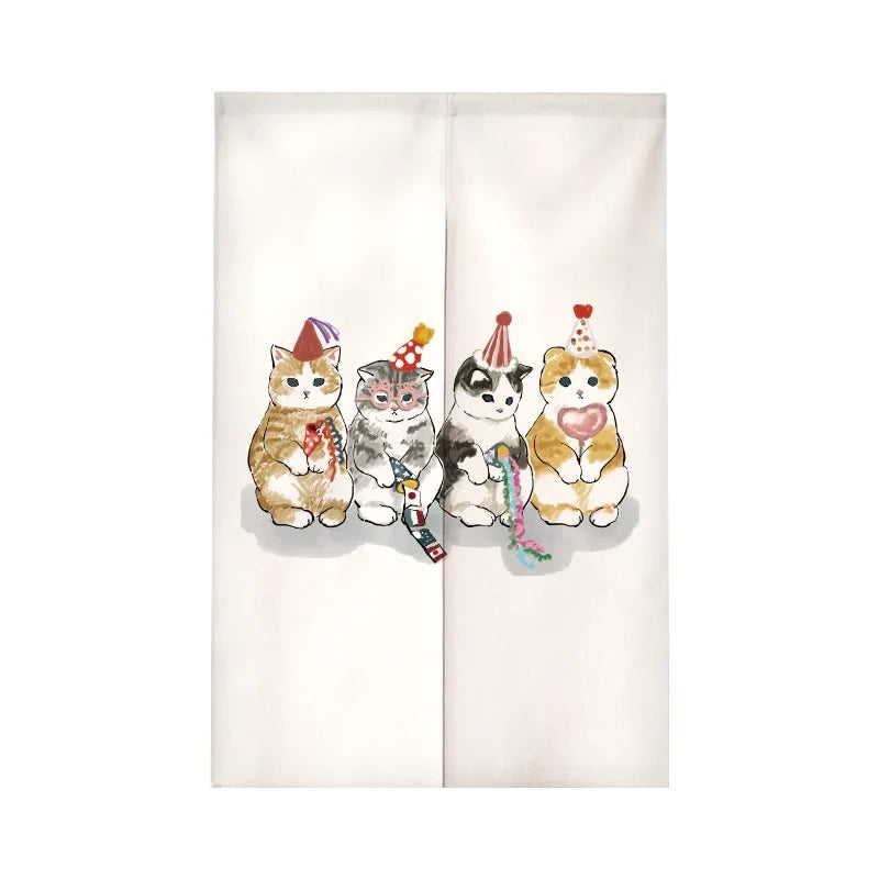 Funny Cat Japanese Noren Door Curtain, Cute Cartoon Hanging Half Curtain for Kitchen, Living Room & Restaurant, Polyester Room Divider for Doorway & Entrance Decor