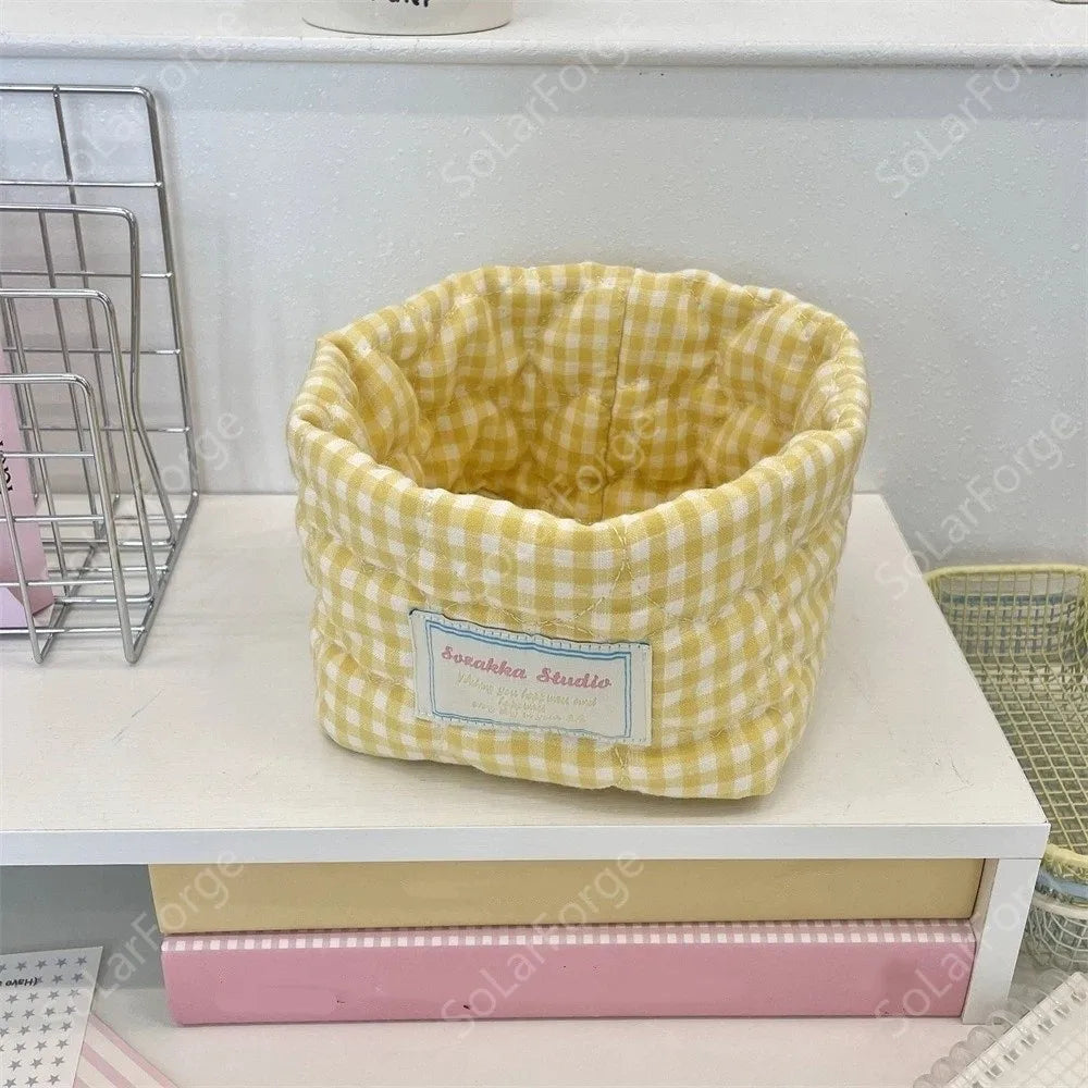 Plaid Fabric Storage Basket Household Cosmetics Stationery Toy Decorative Bins Ins Washable Miscellaneous Storage Basket