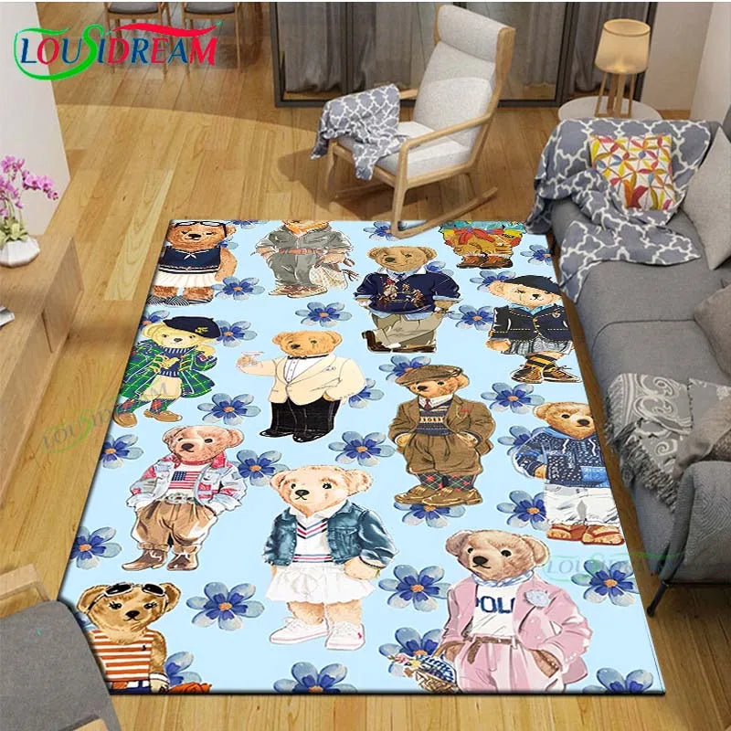 Cute Bear Cartoon Area Rug, 3D Printed Polyester Crystal Velvet Carpet with Non-Woven Backing, Kids Bedroom & Living Room Mat for Playroom, Home & Decor