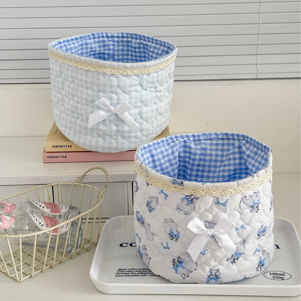Cute Quilted Fabric Storage Basket – Foldable Round Desktop Organizer | Boho Home Decor