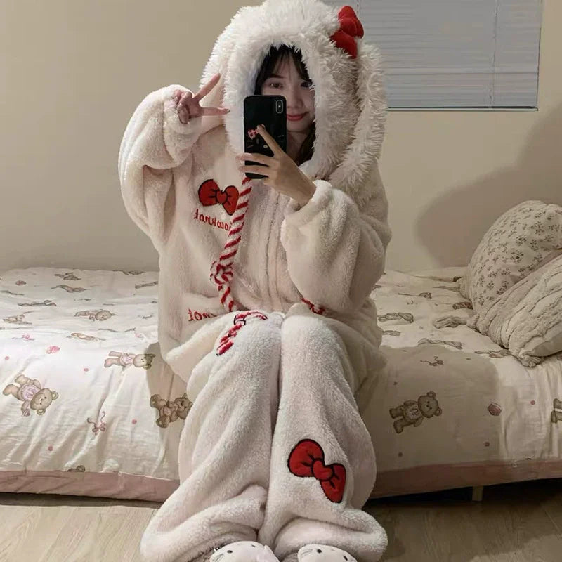 Thickened Winter Pajamas Onesie Coral Fleece Hooded Sleepwear for Cute Girls And Men Home Clothes Outdoor Wearable Cartoon Print