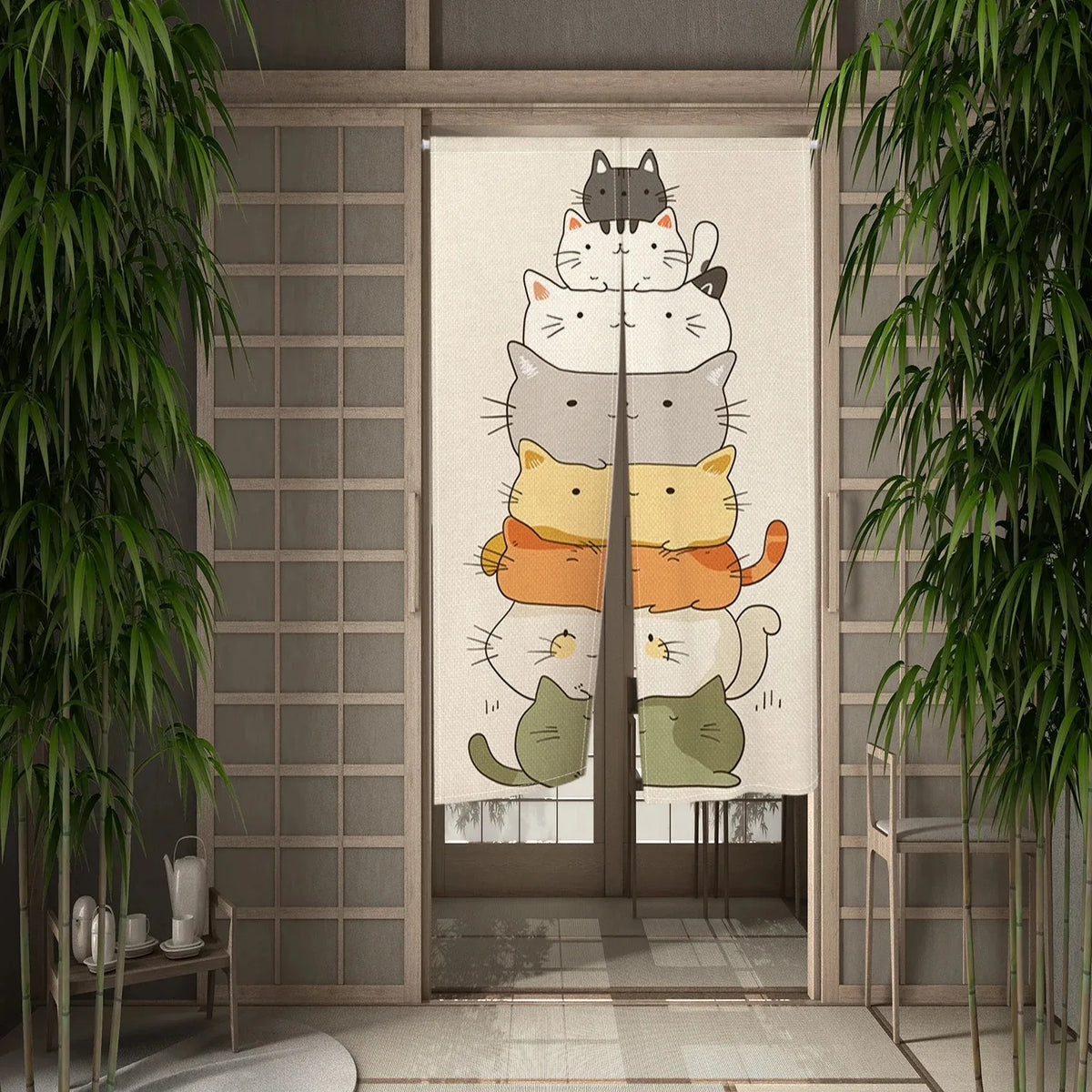 Cute Cat Door Curtain, Cartoon Printed Short Door Curtain for Kitchen & Dining Room, 1-Panel Polyester Room Divider for Home, Cafe & Office Decor