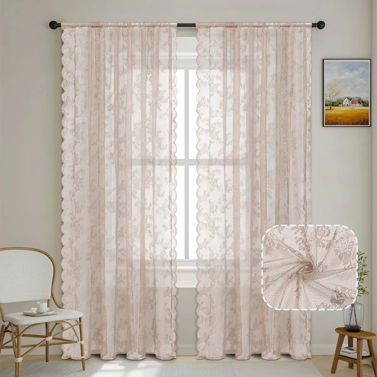 Floral Lace Curtains 1–2 Panels, Botanical Embroidered Semi-Sheer Window Curtains with Scalloped Edge, Vintage Romantic Decor for Living Room, Bedroom & Bay Window