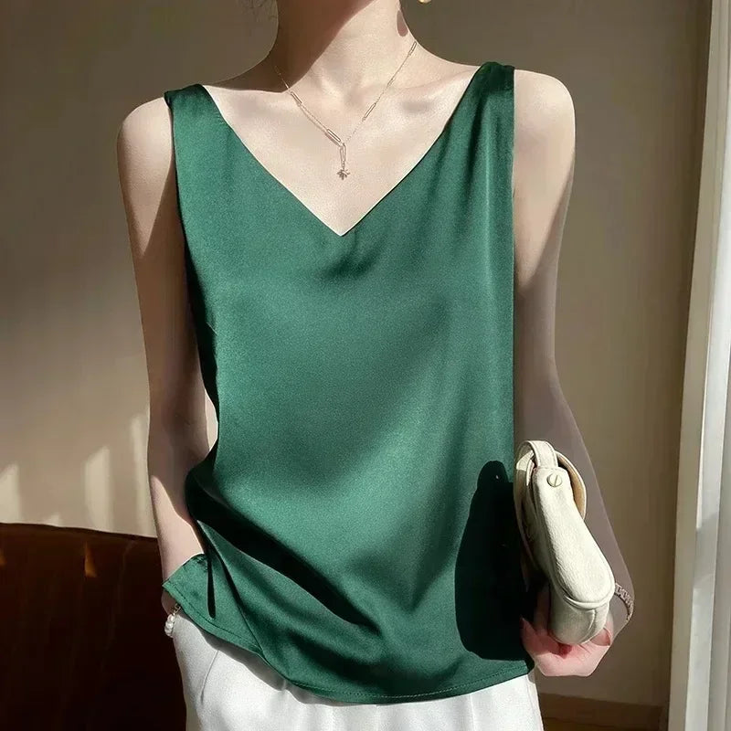 Tank Tops for Women Sleeveless V Neck Satin Silk Camisole Fashion Summer Solid Loose Vest Ladies Tops Streetwear