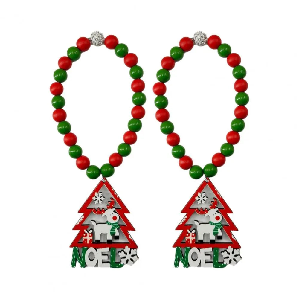 Christmas Curtain Tiebacks 38cm, Boho Wooden Bead Curtain Holdbacks with Alloy Accents, Reusable No-Drill Curtain Ties in Red & Green for Holiday Home Decor