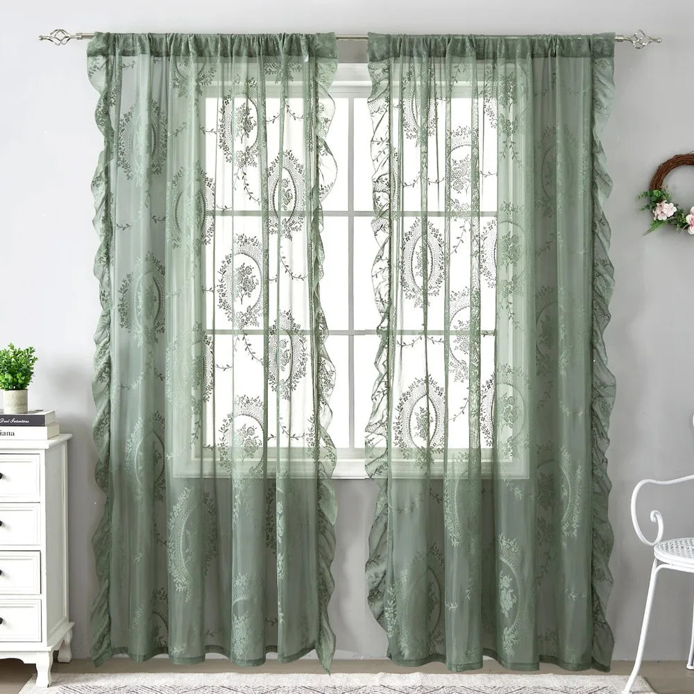 2-Piece French Lace Sheer Curtains, Ruffled Edge Floral Embroidered Polyester Curtains, Rustic Retro European Window Drapes for Bedroom, Living Room & Home Decor
