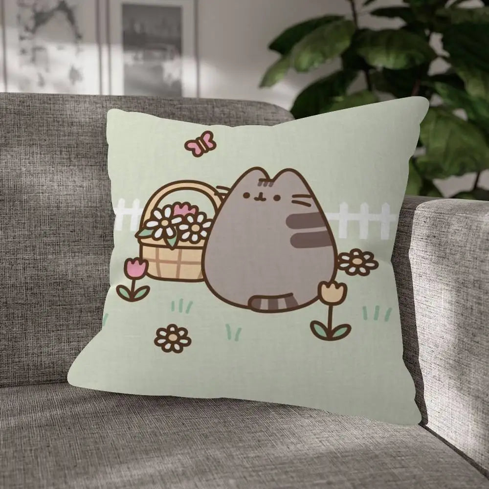 Pusheen Cartoon Cushion Cover, Cute Anime Printed Polyester Pillowcase, Decorative Throw Pillow Cover for Sofa, Bed, Bedroom, Kids’ Room & Home Decor
