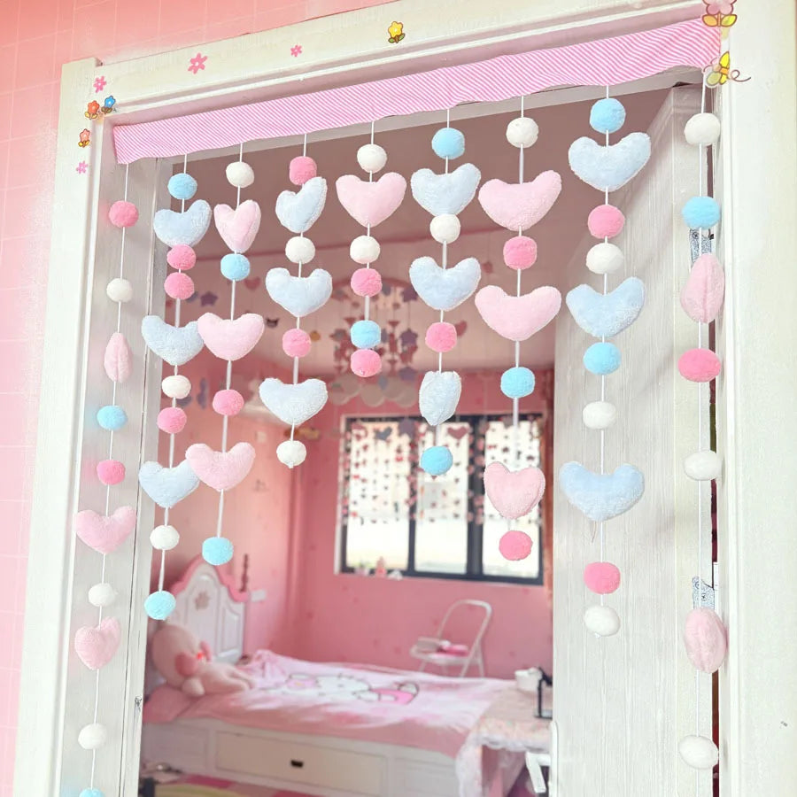 Pink Bow Short Curtain, Cute Kawaii Velvet Door & Window Curtain with Velcro Installation, Soft Decorative Thread Partition for Girls’ Bedroom, Dormitory & Bathroom