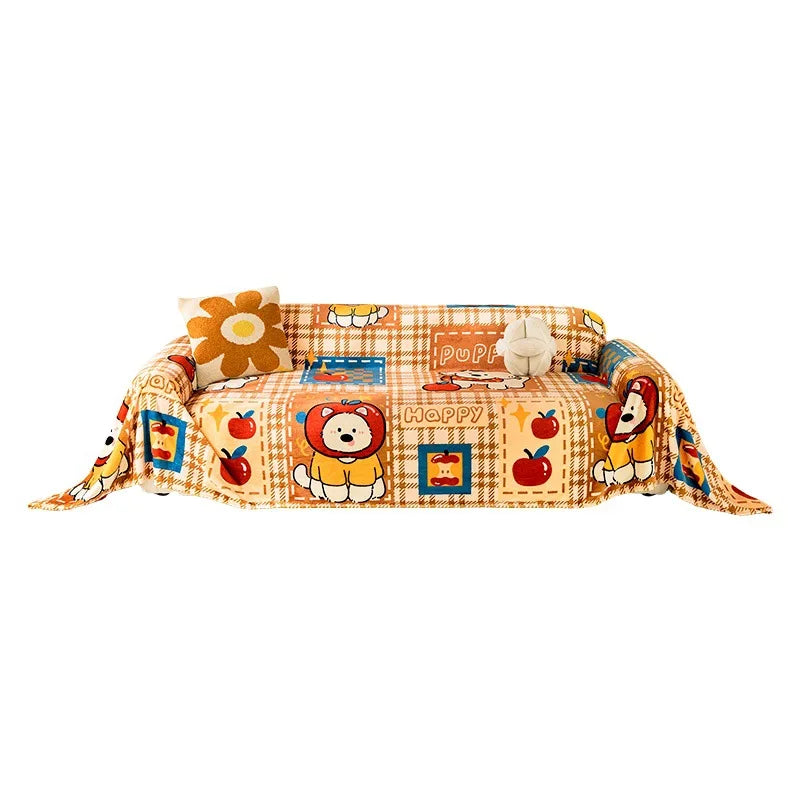 Cute Cartoon Sofa Cover for Fall & Winter, Thickened 100% Polyester Sofa Throw Blanket with Anti-Slip Design, Soft Couch Cover for Loveseat, Recliner, Futon & Modular Sofa