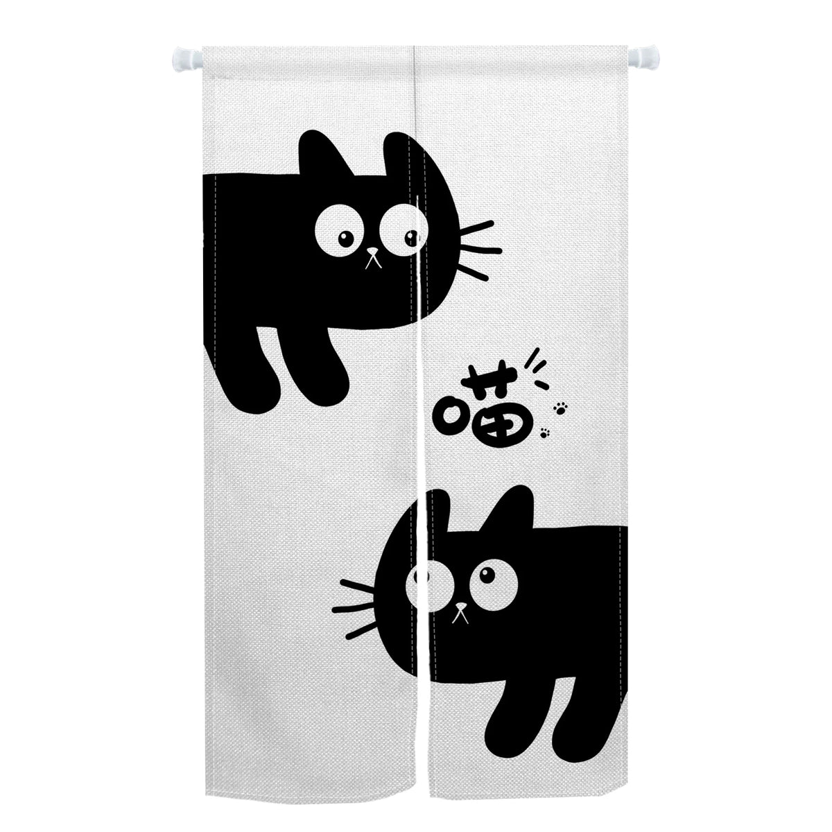 Cute Cat Japanese Noren Door Curtain, Black & White Cartoon Half Curtain for Bedroom, Kitchen & Doorway, 1-Panel Linen Room Divider for Home Decor