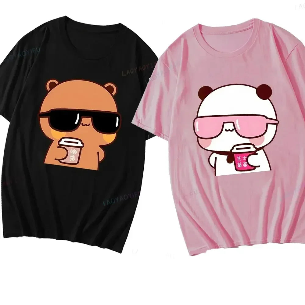 Couple Tee  Is Watching Movies and Milk Tea with Women T-shirt Cartoon Cute Graphic Tees for Ladies   Unisex Tops