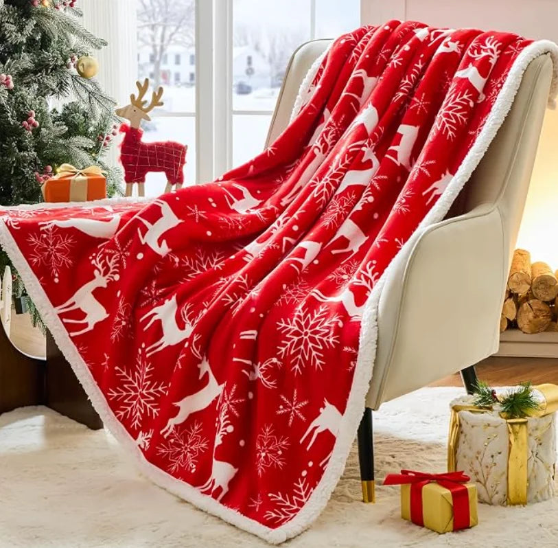 Christmas Throw Blanket, Soft Sherpa & Flannel Fleece Holiday Blanket with Cartoon Jacquard Design, Cozy Winter Throw for Sofa, Bed, Travel & Home Decor