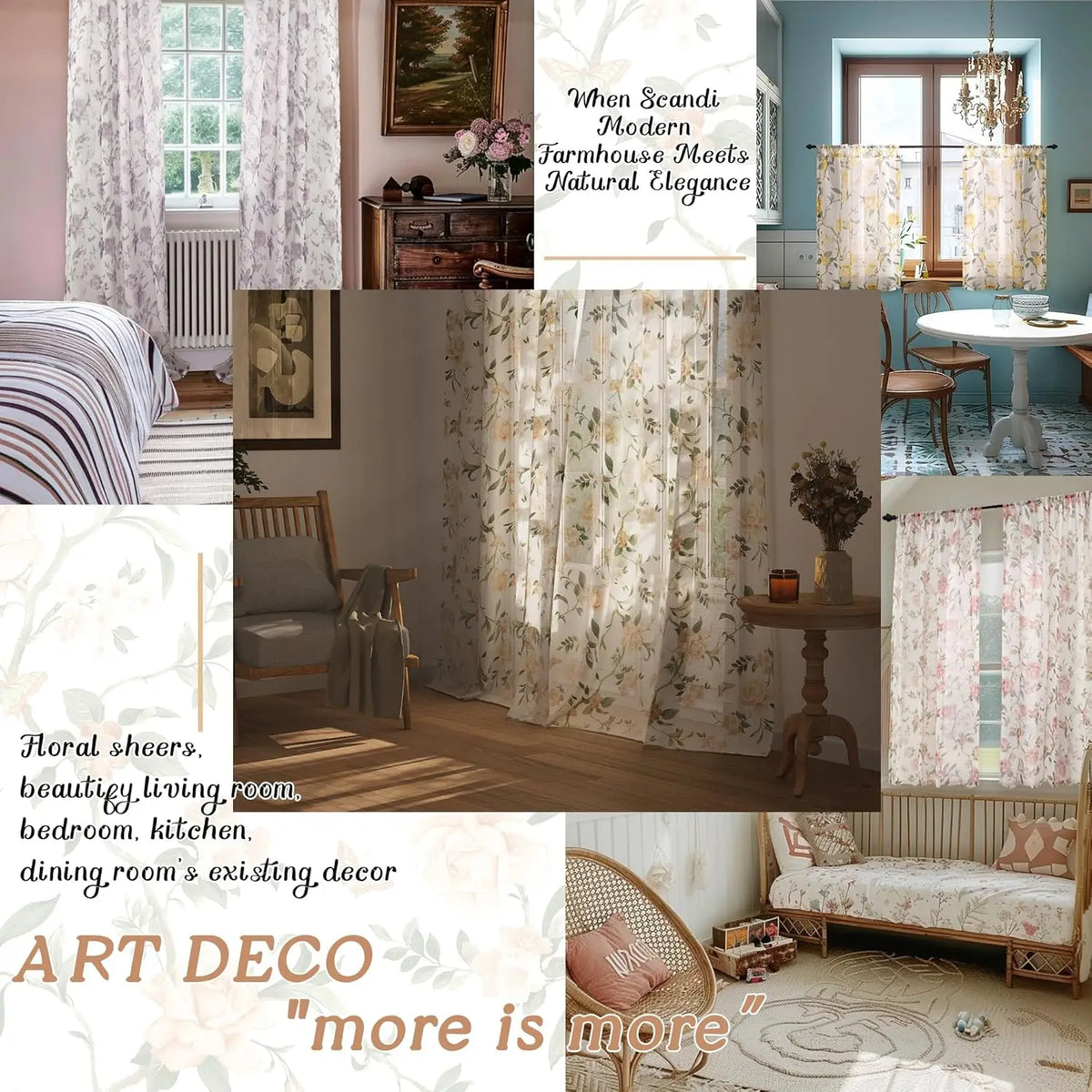 Floral Sheer Curtains for Girls Bedroom, Vintage Farmhouse Semi-Sheer Polyester Window Curtain, Light-Filtering Privacy Drapes for Kids’ Nursery, Living Room & Home Decor