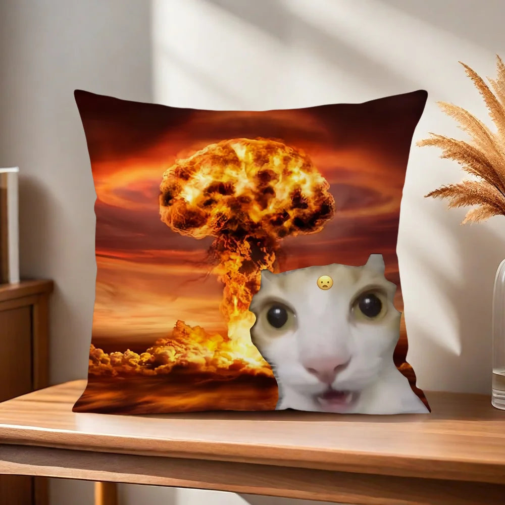 Funny Cat Meme Cushion Cover, Double-Sided Printed 100% Polyester Pillowcase, Cute Square Decorative Throw Pillow Cover for Sofa, Living Room, Office, Car & Home Decor
