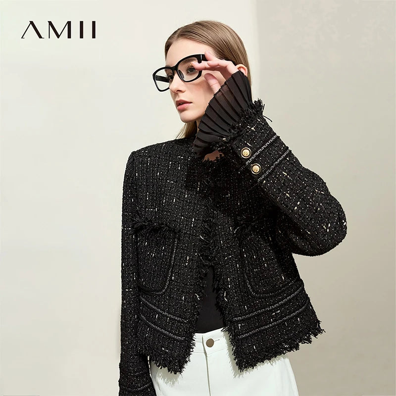 Amii Women's Jacket 2026 Autumn New Tweed Fringed Splicing Pleated