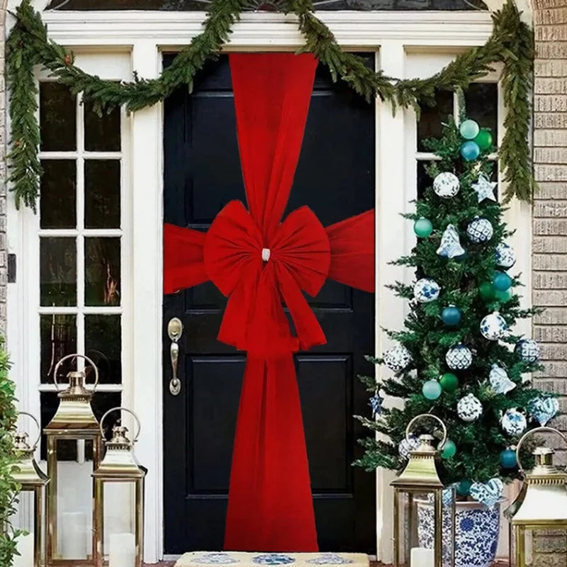 Christmas Door Bow Garland with Red Extra Large Bow & Mesh Ribbon, 60×80cm Holiday Front Door Decoration with Acrylic Diamond Details for Wedding, Party & New Year Decor