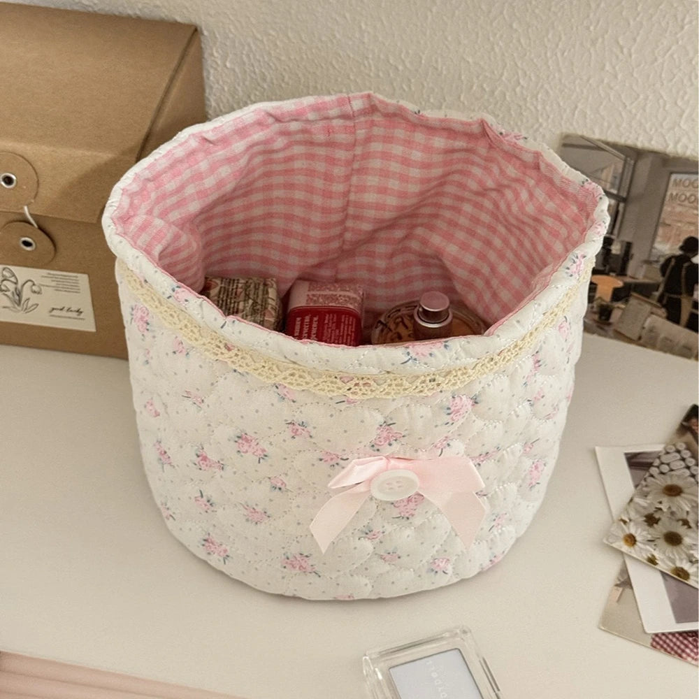 Cute Quilted Fabric Storage Basket – Foldable Round Desktop Organizer | Boho Home Decor