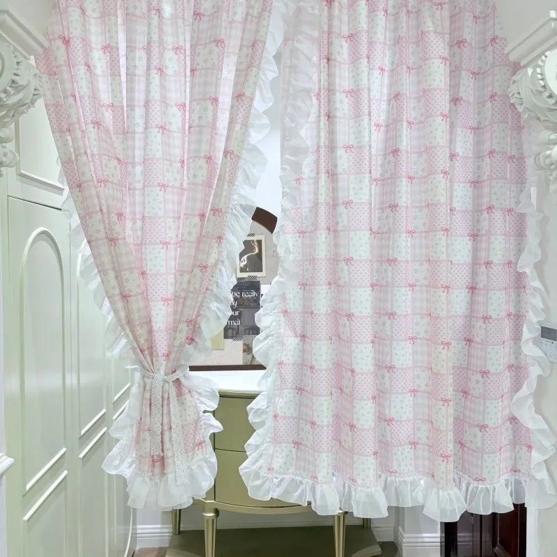 Cute Pink Bow Short Curtain, Small Decorative Dormitory & Bed Curtain, Jacquard Fabric Panel for Cabinet, Door, Window & Room Decor