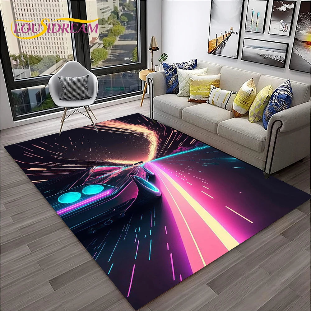 Sports Car Racing Rug, 3D Printed Cartoon Polyester Crystal Velvet Carpet with Non-Woven Backing, Kids Playroom Floor Mat for Bedroom, Living Room & Home Decor