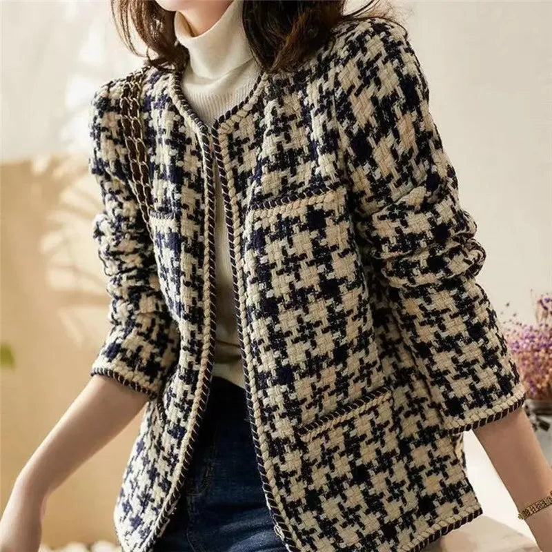 Women's Houndstooth Tweed Jacket - Black & Cream Collarless Cardigan Coat with Rope Trim