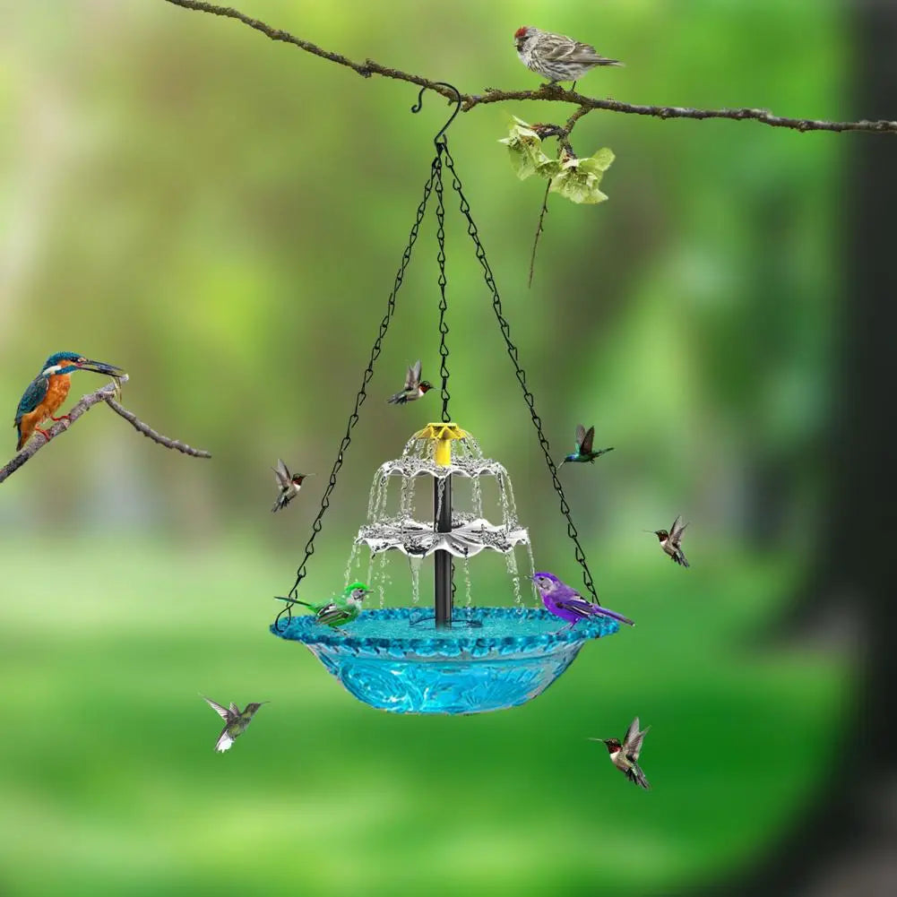 Solar Bird Bath Solar Powered Hanging Bird Bath Fountain Outdoor Cascade Water Fountain Pump Hummingbird Shower Bowl for Garden