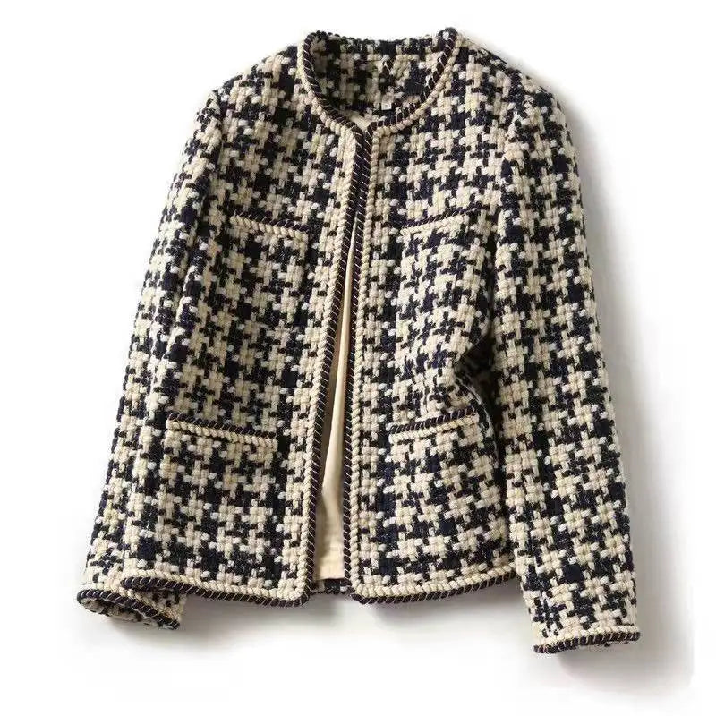 Women's Houndstooth Tweed Jacket - Black & Cream Collarless Cardigan Coat with Rope Trim