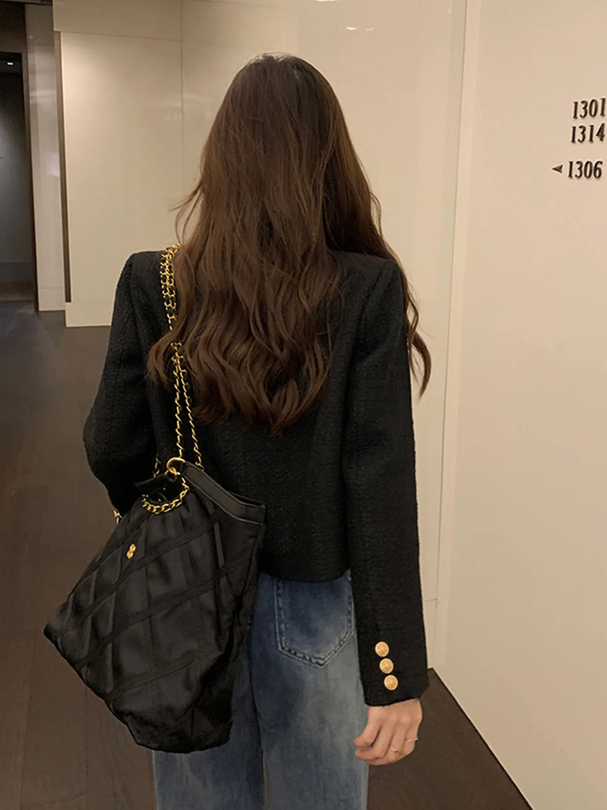 French Wool Tweed Coat Fashion High-end Gold Button Short Slim