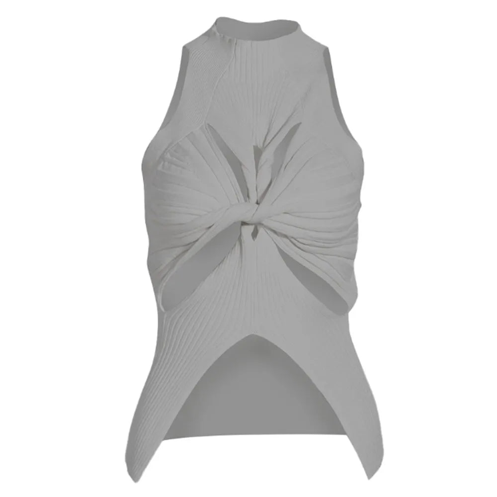 TWOTWINSTYLE Solid Hollow Out Knitting Tank Tops For Women Turtleneck Sleeveless Off Shoulder Slim Vests Female Fashion Clothing