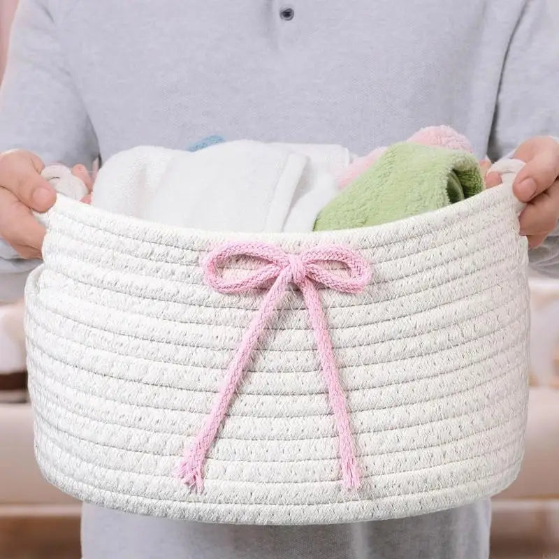 Set Of 3 Hand Handwoven Cotton Bowknot Decorated Storage Baskets Nesting Organizers For Home Bedroom Kids Room KXRE