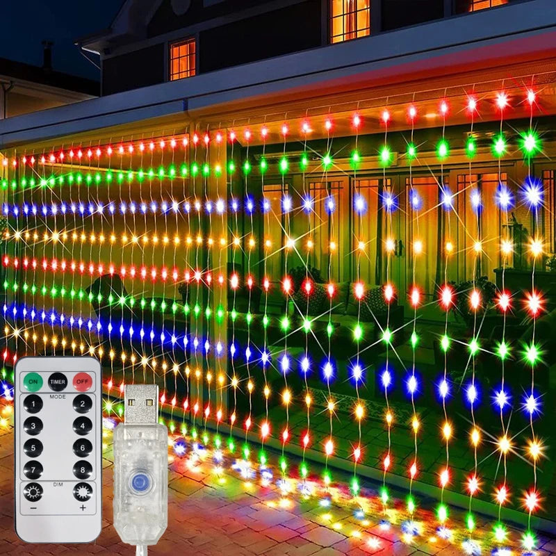 USB LED Curtain Lights with Remote, Christmas & New Year Fairy Garland Lights, 3×1M–6×3M Window String Lights, Multicolor & Warm White Holiday Decor for Home & Party